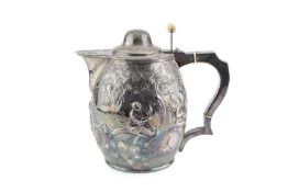 A late 19th century silver plated cider jug, the bowed body embossed with chinoiserie figures,