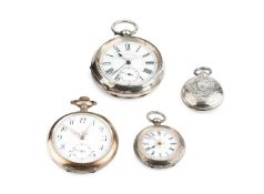 A white metal open face pocket watch, the white enamel dial with Roman numerals and subsidiary