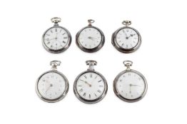A George III silver pair case pocket watch, the white enamel dial with Arabic numerals and outer