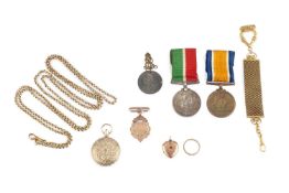 A collection of antique and later jewellery, comprising a 9ct gold shield-shaped fob pendant,