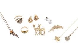 A collection of jewellery, comprising a diamond and gem set five stone ring, 18ct gold mounted, a