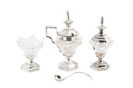 A 19th century Dutch silver mounted glass condiment set, of pagoda form, comprising side handled