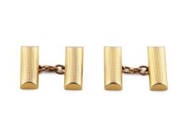 A pair of 9ct gold cufflinks, each with engine-turned baton panels, on chain-link fittings,
