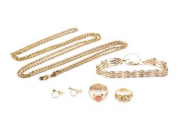 A collection of jewellery, comprising a diamond set dress ring, stamped '18CT', a coral cabochon set
