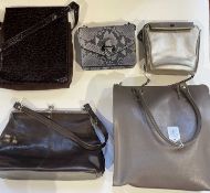 Five handbags in browns, greys and gold (5) Two as good as new (one with tags)