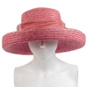 A pink straw hat with a big straw bow, together with a pale blue and green hat, both small (2) Pink