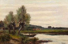 Abraham Hulk Jnr (1851-1922) River landscape, with figure in a punt, signed, oil on canvas, 49 x