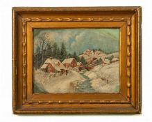 Dutch school (19th century) Winter landscape with cottages and bridge, oil on tin, 22 x 29.5cm