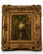English School (19th century) Woodland landscape at sunset, oil on paper laid to panel, 22.5 x 17.