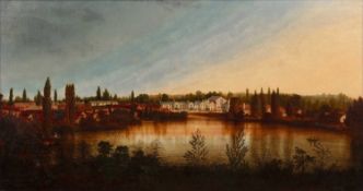 I * W * S (19th century Naive school) A lakeside town at dusk, signed with initials, oil on