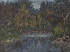 C. Burnet (20th century) A wooded river landscape with stone bridge, oil on board, 34 x 45.5cm