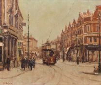 John Joseph Bellman (b.1949) An Edwardian street scene with tram, signed, oil on board, 25 x 30cm