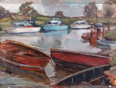 Hilda M. Price (20th century) Boats at Christchurch, signed, oil on panel, 39 x 49cm Exh. S.W.A