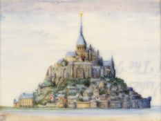 Elizabeth Deverell (20th century) 'Mont St. Michel', signed with initials, watercolour on ivorine,
