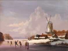 Dutch school (20th century) Skaters on a frozen river with windmill nearby, oil on board, 29 x 39cm
