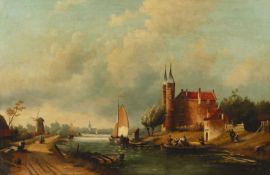 Dutch school (19th/20th century) River landscape with castle, figures and distant windmill, bears