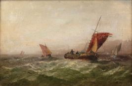 M* H* (19th century) Fishing vessels at sea, signed with initials, oil on canvas, 19 x 29.5cm New