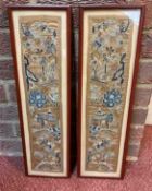 A pair of Chinese embroidered silk sleeve panels, each embroidered with flowering peony and
