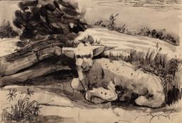 Norman Basil Towne (1915-1987) A landscape with lamb, pen, ink and grey wash, 14.5 x 21cm; and three