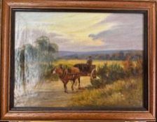 English School (19th century) Landscape with horse drawn cart, indistinctly signed, oil on canvas,