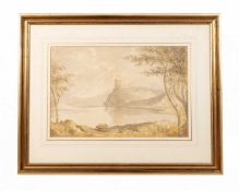 Circle of Thomas Malchair Lakeland scene with ruined tower, pencil and watercolour, 29 x 44cm