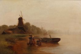 B. Davis (early 20th century) Dutch figures unloading the catch by a coastal windmill, signed and