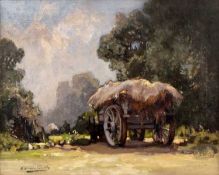 Harry Harvey-Clarke (1869-1948) A hay wagon in dappled sunlight, signed, oil on canvas, 39 x 49.5cm
