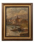 A. Misson (?) A mountainous harbourside town, indistinctly signed, oil on canvas, 42.5 x 32cm