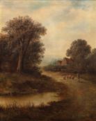 D* Martin (19th century) Landscape with drover and sheep, signed, oil on canvas, 49 x 39cm