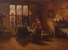 Oskar Urbahn (19th/20th century) Interior scene with figures seated around a table, signed and dated