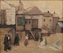 Richard Jack (1866-1952) Figures at a harbour side, signed, oil on board, 44 x 53cm Appears to be in