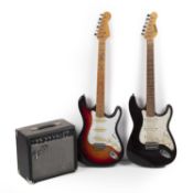 An 'Encore' electric guitar, together with another similar, and a 'Fender' practice amplifier. (3)