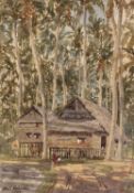 Alfred J. Roberton (19th century) Natives by their thatched dwellings beneath palm trees, signed and