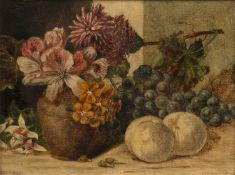 English school (19th century) A vase of flowers with fruit alongside against a wall, oil on