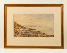 John Quiller Lane (act.1885-1889) A coastal landscape with sailing vessel, signed and dated 1877,