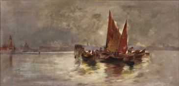 Venetian school (19th century) Fisherfolk at sea on an overcast day, oil on canvas, 18.5 x 38.5cm