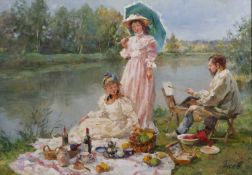 Vladimir Gusev (20th/21st century) An artist and his family picnicking on a riverbank, signed,