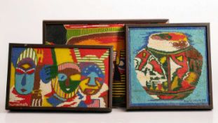 Jimoh Buraimoh (b.1943) ‘An Owl’, Family, and Bride Pot each signed and dated beads on board largest