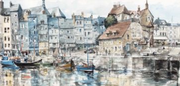 Charles Richard Bone (1899-1974) Harbour View, Honfleur, signed, watercolour, 35 x 73cm, together