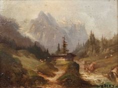 J. H. Cole (19th century) Mountainous river landscape, signed, oil on board, 15.5 x 20.5cm