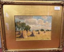 W * T * Watson (19th century) A field with haystacks, signed, watercolour, 17 x 25cm; and A. V.
