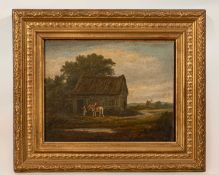 English School (19th century) A mounted figure with farmhand approaching a barn, oil on panel, 18.