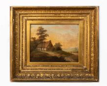 English School (early 19th century) Landscape with cottage and figure, oil on panel, 26.5 x 34cm, in
