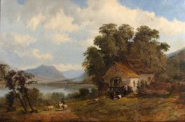 Alfred H. Vickers (fl.1853-1907) Welsh landscape, with cottage by a lake, signed and dated 1857, oil