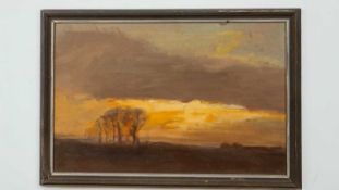 Roy Hewish (b.1929) Landscape with trees at sunset, signed with initials, oil on board, 29 x 45cm