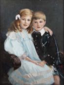 Mary Helen Carlisle (1869-1928) Portrait of a young girl and boy, she in a lace trimmed blue dress