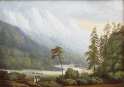 English school (19th century) Figures conversing in a wooded river valley, rectangular painted