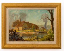 Arnold Dick (20th century) Labourers at a farmstead, oil on canvas board, 23.5 x 33.5cm