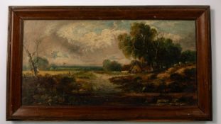 J. McIntyre Landscape with mounted figure passing a watermill, signed, oil on canvas, 29 x 59.5cm