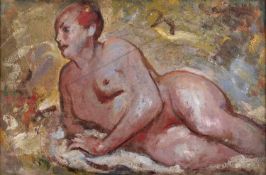Follower of Ivon Hitchins (1893-1979) Female nude study, oil on canvas backed with board, 39 x 60cm